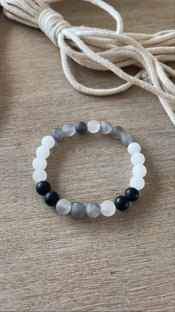 White Jade Gemstone + Black Onyx + White Cloud Jasper Bracelet