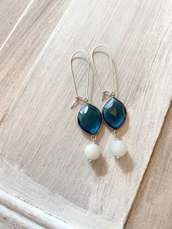 Sapphire + Sterling Silver + White Jade Gemstone Earrings