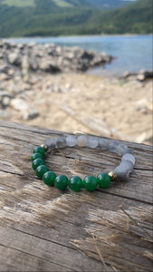 Grey Cloud Quartz Gemstone + Green Jade + Pyrite Accent Bracelet