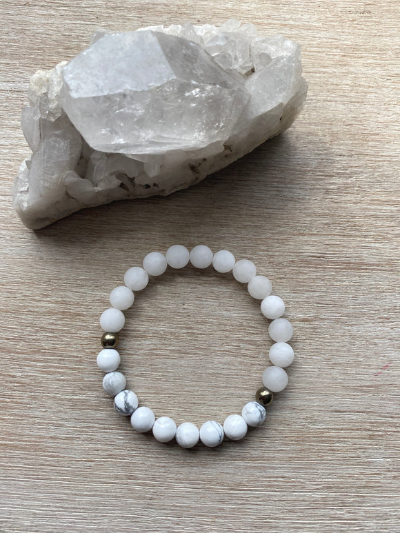 White Jade Gemstone + Howlite + Pyrite Accent Bracelet