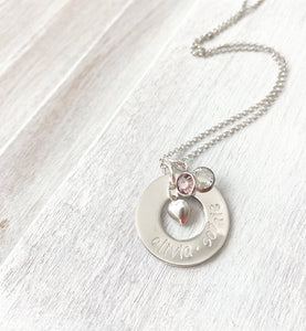 Personalize Handstamped + Birthstones + Names + Sterling Silver Necklace