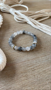 Grey Cloud Quartz Gemstone + Brass Accent Bracelet