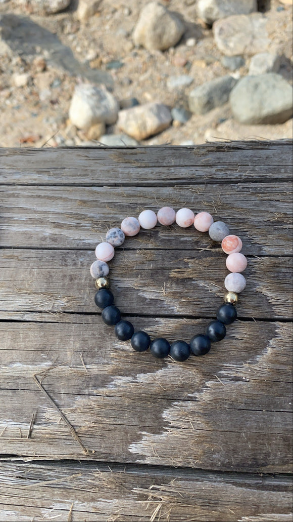 Black Onyx Gemstone + Pink Zebra Jasper + Pyrite Accent Bracelet