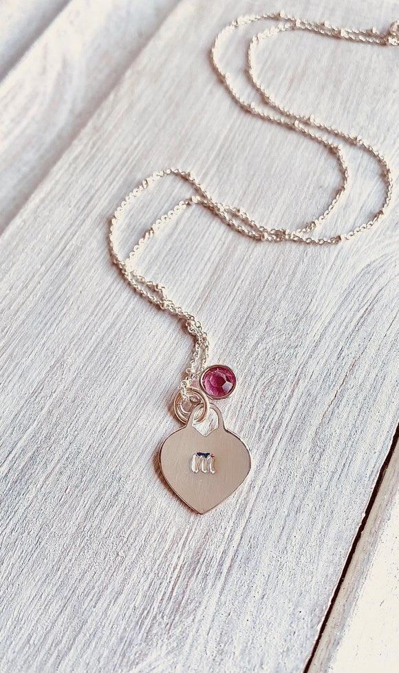 Handstamped Monogram Heart + Initial + Birthstone + Sterling Silver Necklace