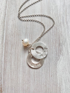Personalize Handstamped + Freshwater Pearl + 2 Disc + Matt+ Sterling Silver Necklace