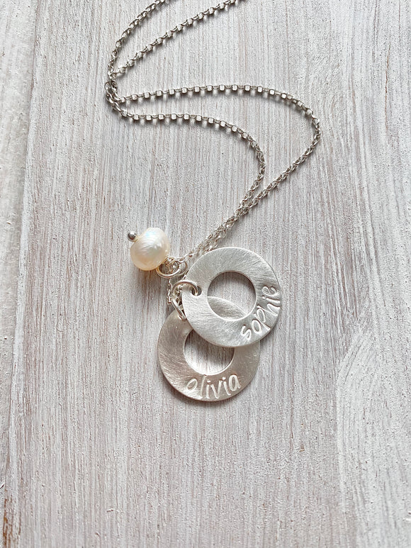 Personalize Handstamped + Freshwater Pearl + 2 Disc + Matt+ Sterling Silver Necklace